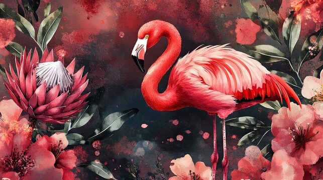 Aesthetic flamingo portrait amidst floral watercolor textures and graceful curves