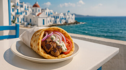 Greek souvlaki wrap with onions tomato and tzatziki by the sea