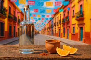 Clear mezcal bottle with orange slices and salt in colorful street