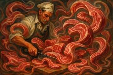 Surreal Butcher's Artistry in Motion with Vibrant Meat Waves