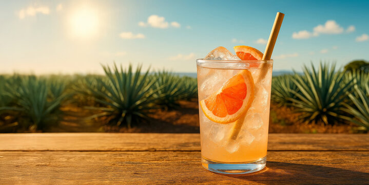 Tequila cocktail with grapefruit and ice on wooden table in agave field