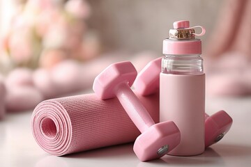 a pair of pink dumbbells, a soft yoga mat and a matching water bottle 