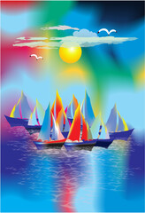 composition with sailboats that have colorful sails
