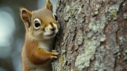 Obraz premium Curious red squirrel peeks from a lichen-covered tree trunk. Soft focus highlights its warm fur and playful expression