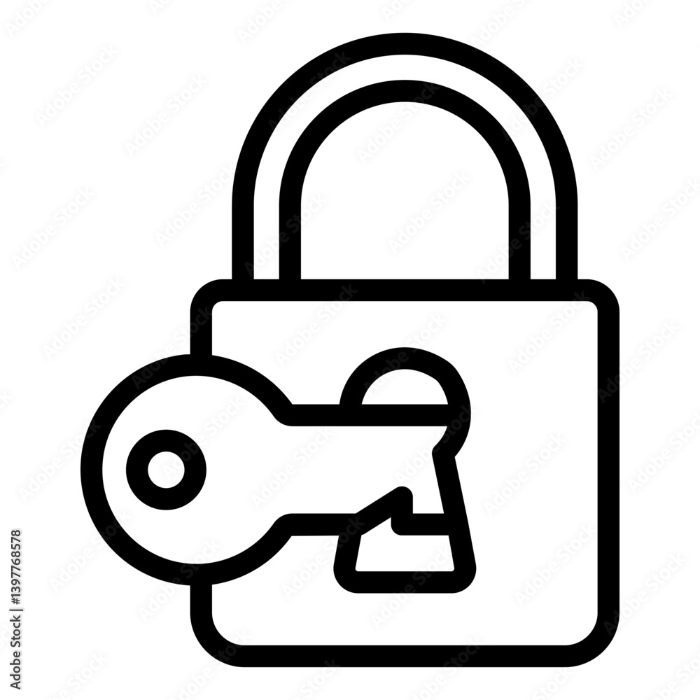 Poster lock with key in keyhole line icon, hacker attacks concept. vector graphics. unlocking lock, protect