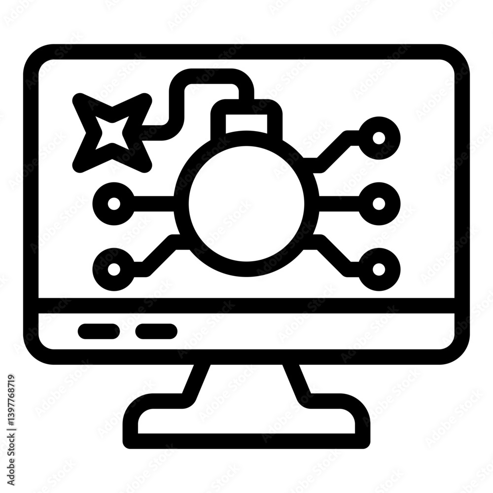 Poster monitor screen with bomb line icon, hacker attacks concept. vector graphics. bomb burning wick on di