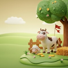 Adorable 3D Render of a Cow and Lamb in a Peaceful Farmland Setting under a Lush Green Tree