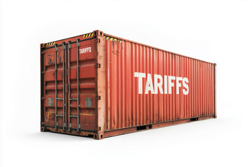 Aged red shipping container with the word "TARIFFS" symbolizing global trade conflict and economic sanctions.

