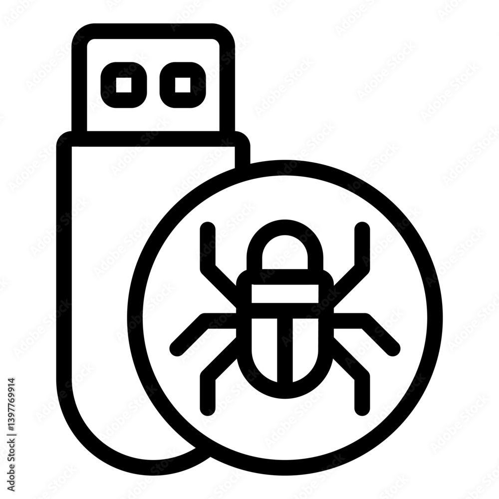 Fototapete flash drive with virus line icon, hacker attacks concept. vector graphics. hacker exploit, bug on pe