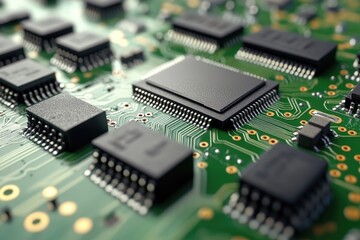 Circuit board with black chips on green surface, connectors visible