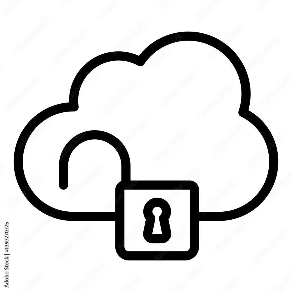 Poster unsecure cloud storage line icon, hacker attacks concept. vector graphics. cloud with unlocked lock 