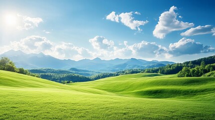 Fototapeta premium Serene Green Rolling Hills Landscape Under a Sunny Sky Majestic Mountain Range Background Pastoral Idyllic Countryside Scenery Tranquil Nature View 