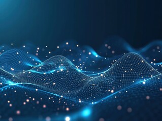 Blue grid background with glowing light lines, featuring an abstract futuristic wireframe landscape with dots and beams on a dark blue backdrop. Ideal for technology digital design