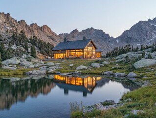 Fototapeta premium Mountain peak against yellow sun and dramatic landscape with warm backlighting and negative space below
