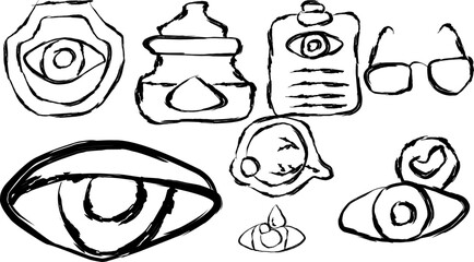 Eye Exam icons collection in doodle style. hand drawn icons of eye irritation, results, scan, sunglasses, eye fatigue, eye drops