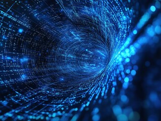 Blue background with central blue light effect lines and words in the top right corner, featuring a vector illustration in a futuristic technology style.