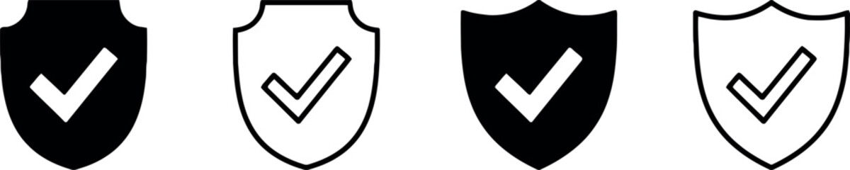 Shield Check Mark Icon Set – Protection Approve Sign, Safe Icon Vector Illustration