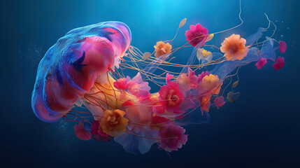 vibrant jellyfish with colorful floral design floating underwater artistic surreal ocean wildlife digital illustration perfect for creative advertising and decorative aquatic themed
