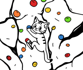 cat climbing a bouldering wall cartoon illustration © Satoru Sketches
