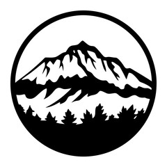 Majestic Mountain Peak in a Circular Frame with Lush Forest Silhouette