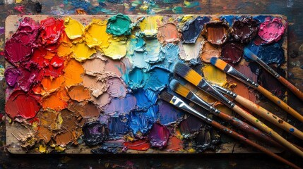 Obraz premium Colorful Palette with Paints and Brushes on Wooden Surface