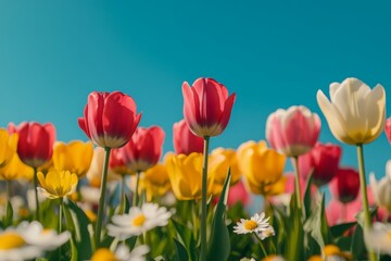 Vibrant wildflower meadow under a clear blue sky  a colorful springtime landscape panorama