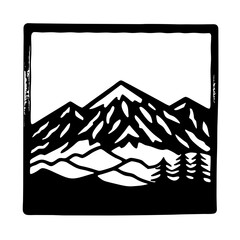 Majestic Mountain Range Framed in Black and White Ink Drawing Style Illustration