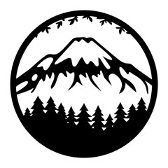 Majestic Mountain Peak in a Circular Frame with Evergreen Forest Silhouette