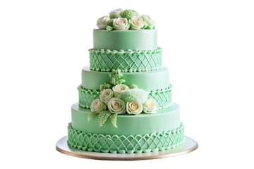 Delicious multi layered decorated mint green wedding cake isolated on transparent background