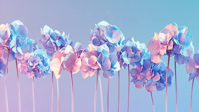 Pastel blue and pink hydrangeas arranged in a row against a gradient background