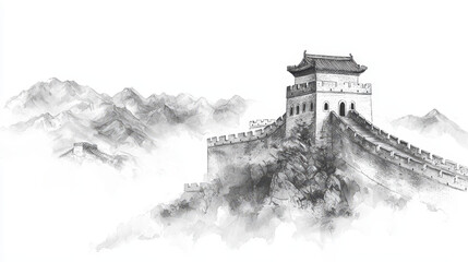 Obraz premium detailed monochrome line drawing of Great Wall of China, showcasing its majestic structure against misty mountain backdrop