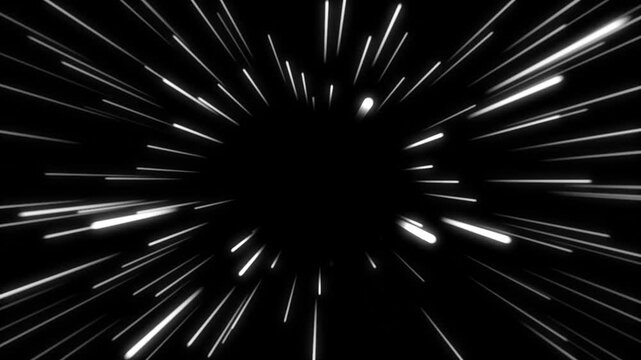 glow light rays with time warp on zoom in effect. Perspective view of light burst motion. Long exposure time warp speed Lights lines . white color speed Lights lines and Black background .