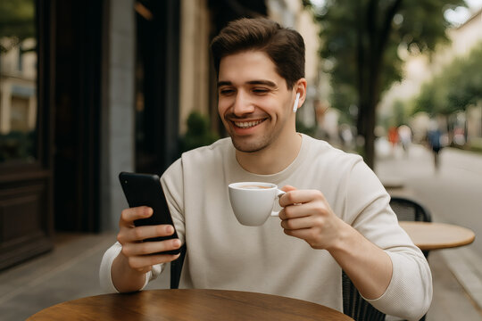 Junger Mann genießt Kaffee im Straßencafé und schaut aufs Smartphone
