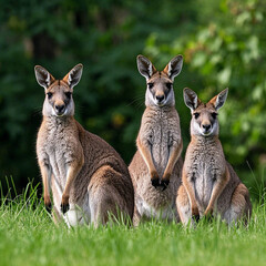 Fototapeta premium Group of Kangaroos Standing on Green Grass in Natural Australian Habitat, AI Generator. 