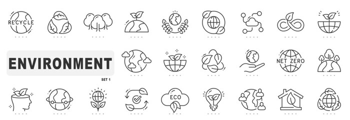 Set of environment related line icons. Earth, ecology, globe, eco etc. Editable stroke