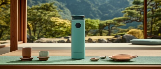 A teal thermos with tea setting on a wooden table outside