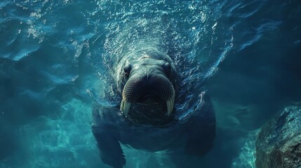 Obraz premium Walrus emerges from the deep blue ocean, a rocky backdrop framing its curious gaze