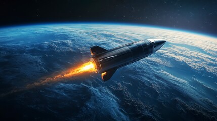 Fototapeta premium Rocket Launching into Space Above Earth with Fiery Engine Flame
