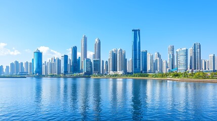 Fototapeta premium Bright City Skyline Reflected in Calm Blue Water