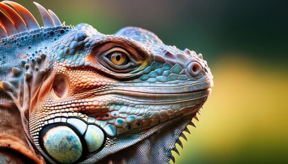 Fototapeta premium Exotic Lizard: A vibrant close-up of an iguana showcases its textured skin and captivating eye, set against a soft, out-of-focus background.