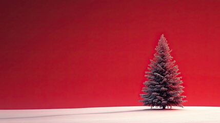 Red Christmas-themed background featuring a fir tree and empty copy space. -