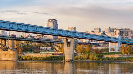 Close-up of the metro bridge in Novosibirsk at sunset.
