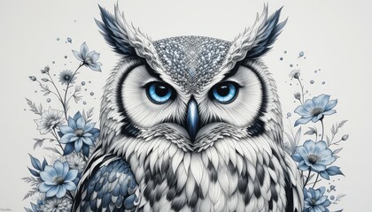 Obraz premium Owl drawing. Owl Portrait with Blue Flowers Artwork for Home Decor Ideas