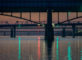 Night view of the bridges across the Ob River in Novosibirsk.