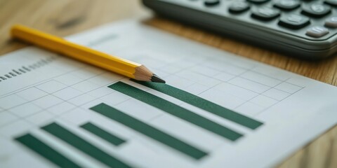 Fototapeta premium Clean workspace: chart, pencil, and calculator rest on a wooden table. Subtle blur adds depth to this focused composition
