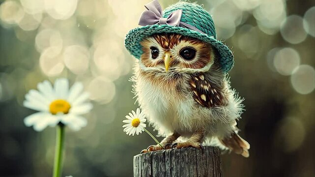 Adorable owlet in a sunhat perched on a post near daisies