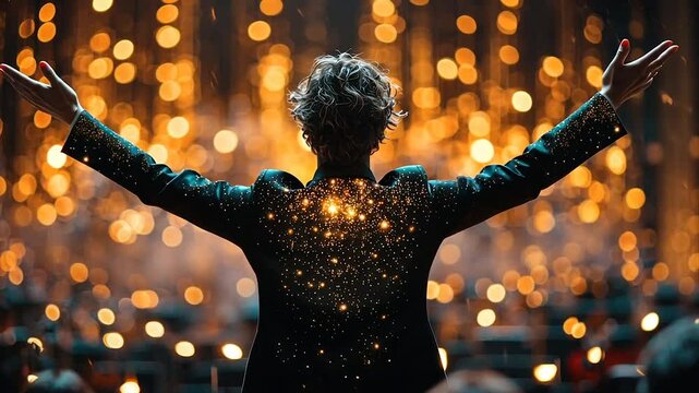 Conductor's back, arms outstretched, glowing lights