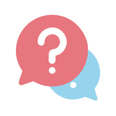 Icon of two overlapping chat bubbles, one with a question mark, symbolizing inquiry, help, support, or frequently asked questions.
