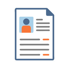 Fototapeta premium Vector icon of a resume or CV document with profile picture and text lines, symbolizing hiring, career, and personal information. 
