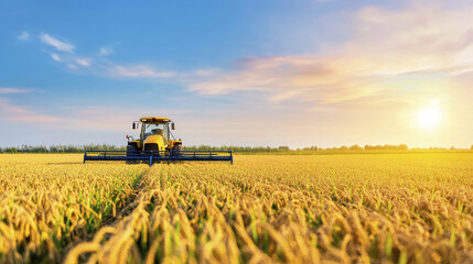 Fototapeta premium tractor harvesting rice in golden field under bright sky